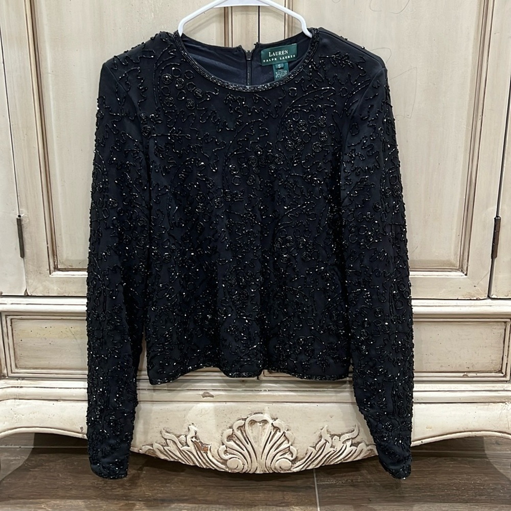 Lauren Ralph Lauren black beaded long sleeve top. Small